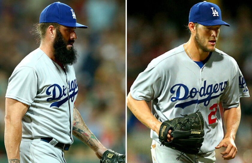 Reliever Brian Wilson, left, and starter Clayton Kershaw have quickly gone from prime contributors to big question marks for the Dodgers to start the season..
