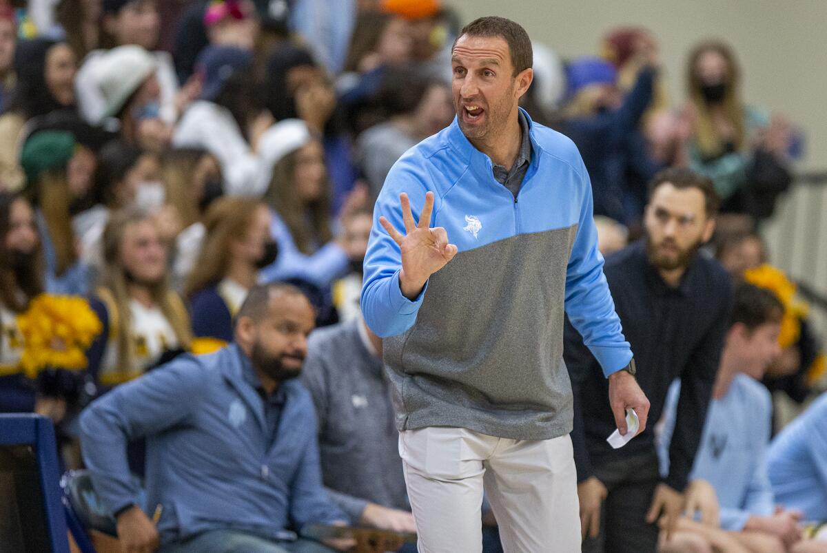 Marina boys' basketball head coach Nick Racklin, shown in 2022, has led his team back to a CIF title game.