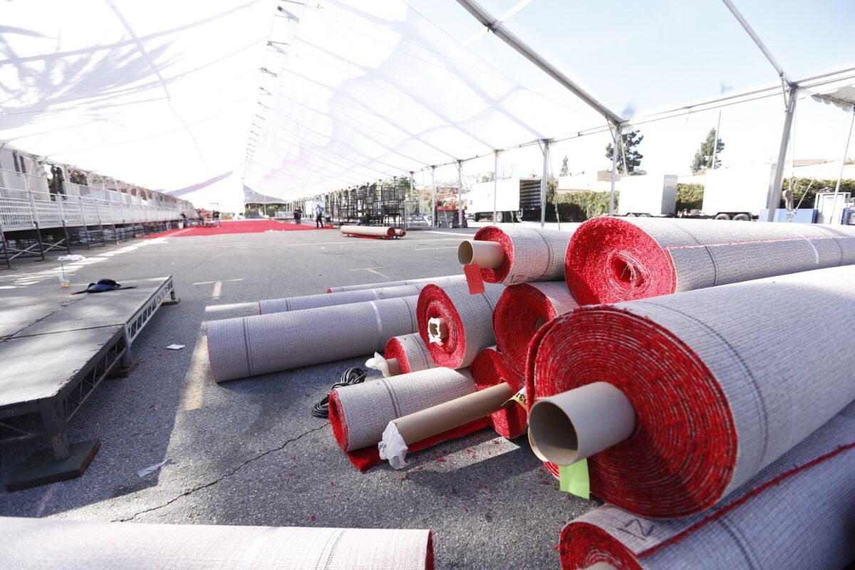Red carpet ready to be rolled out at the Shrine Auditorium for the SAG Awards.