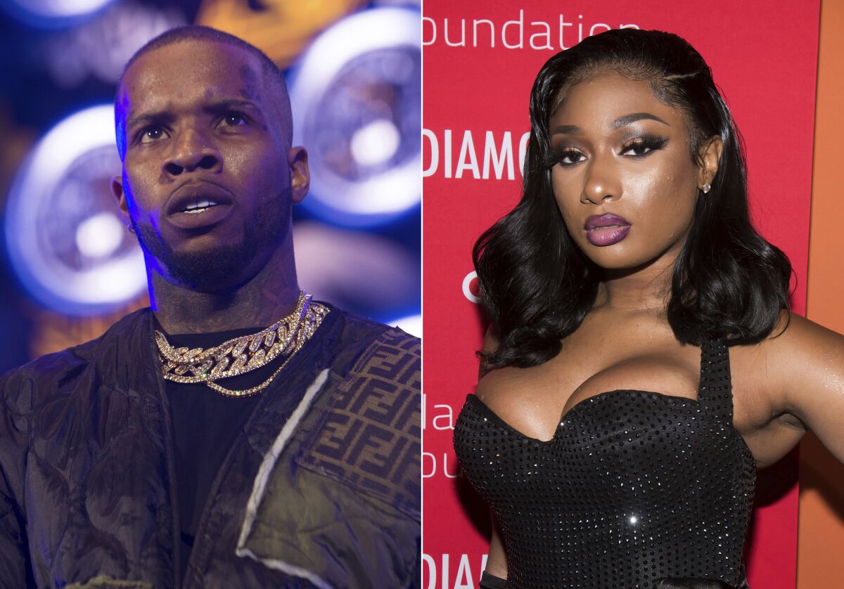 FILE - This combination photo shows Tory Lanez performing at HOT 97 Summer Jam 2019 in East Rutherford, N.J. on June 2, 2019, left, and Megan Thee Stallion attending the 5th annual Diamond Ball benefit gala in New York on Sept. 12, 2019. Lanez was briefly jailed Tuesday, April 5, 2022, after a judge said he had violated a protective order in a felony assault case in which he is charged with shooting rapper Megan Thee Stallion in the feet. (Photos by Scott Roth, left, Charles Sykes/Invision/AP)