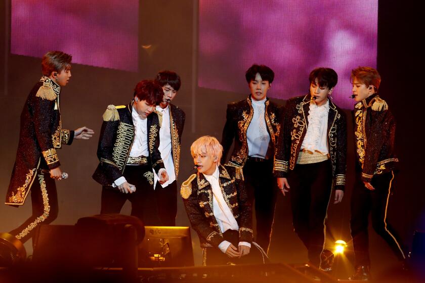 LOS ANGELES, CALIF. - SEP. 5, 2018. The Korean boy band BTS performs at Staples Center in Los Angeles on Wednesday night, Sept. 5, 2018. (Luis Sinco/Los Angeles Times)