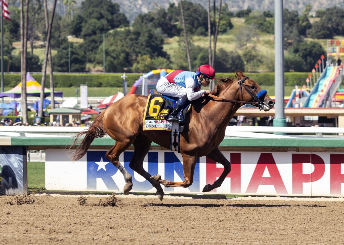 Taiba and jockey Mike Smith race to victory in the Santa Anita Derby on Saturday.