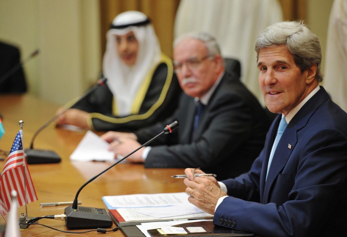 Secretary of State John F. Kerry meets with members of the Arab League peace initiative in Amman, Jordan.
