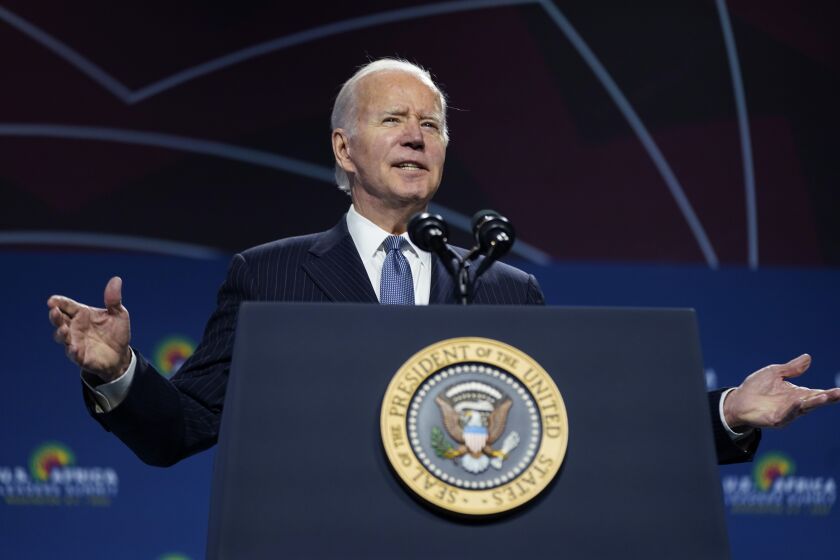 President Joe Biden speaks to African leaders gathered for the U.S.-Africa Leaders Summit Wednesday, Dec. 14, 2022, in Washington. (AP Photo/Patrick Semansky)