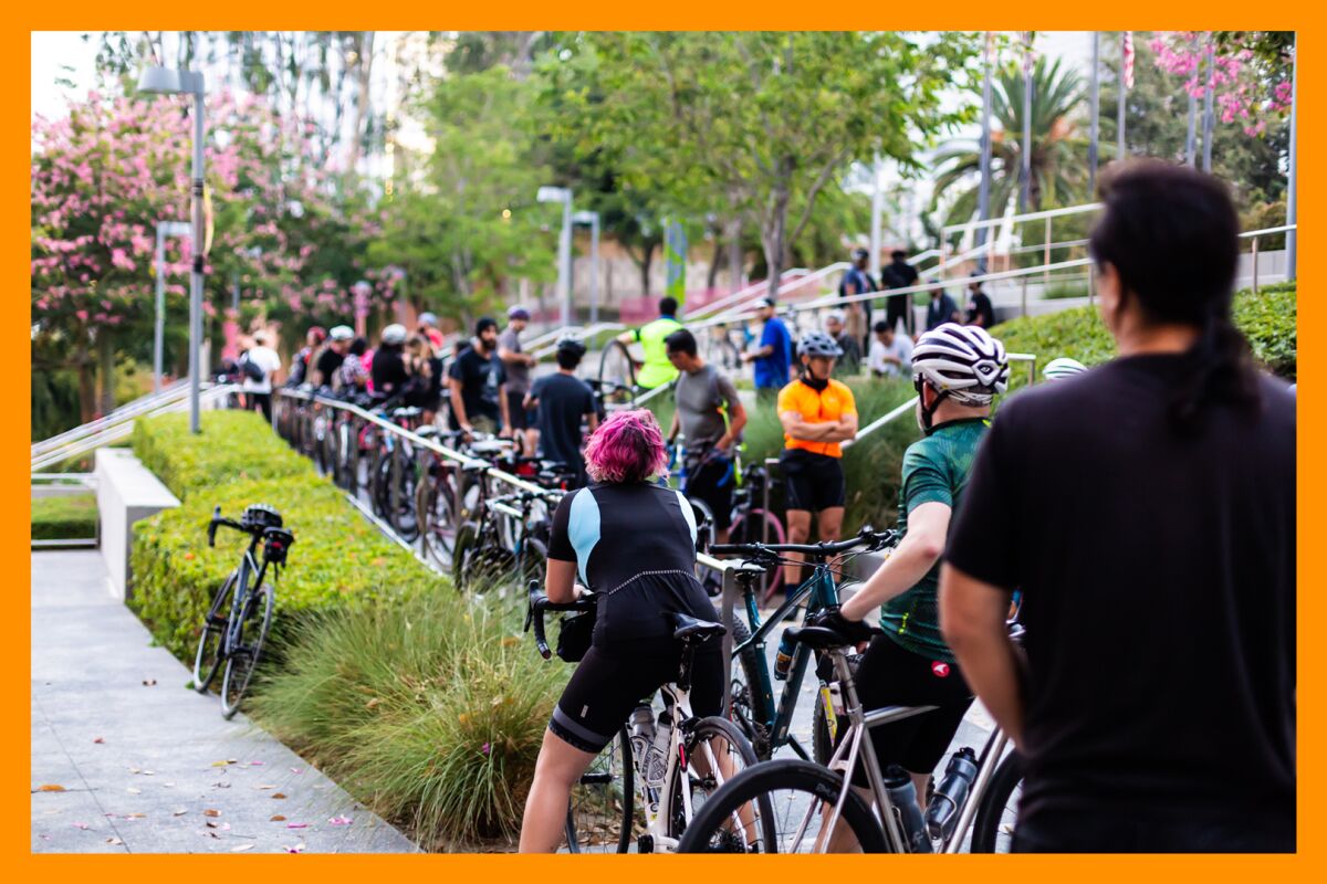 A group of bikers get ready to ride.