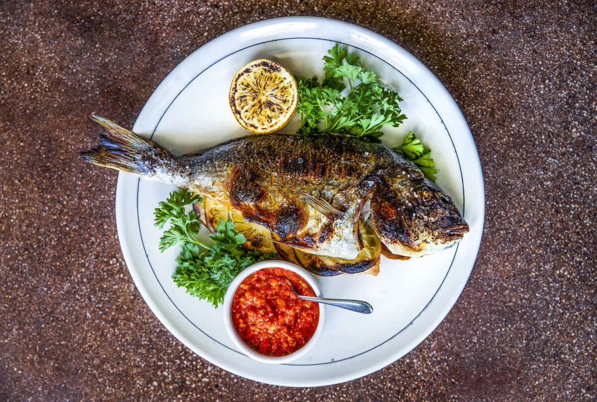A whole roasted fish with a bowl of romesco sauce on the side.