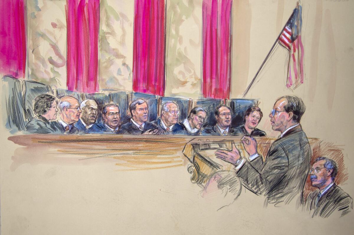An artist rendering shows Paul Clement address the U.S. Supreme Court as it heard arguments on the Defense of Marriage Act.