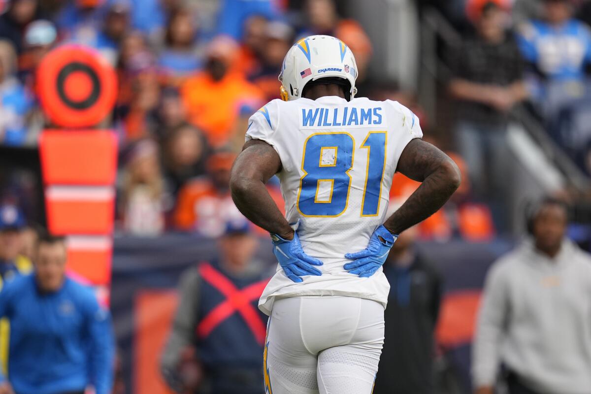Chargers wide receiver Mike Williams (81) holds his injured back suffered against the Denver Broncos. 