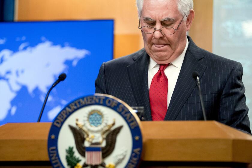 Secretary of State Rex Tillerson pauses while speaking at the State Department in Washington, Tuesday, March 13, 2018. President Donald Trump fired Tillerson and said he would nominate CIA Director Mike Pompeo to replace him, in a major staff reshuffle just as Trump dives into high-stakes talks with North Korea. (AP Photo/Andrew Harnik)