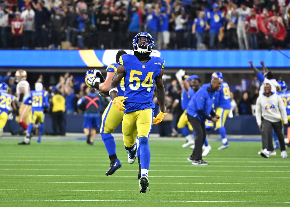 Linebacker Leonard Floyd celebrates after the Rams beat the 49ers in the NFC championship game.