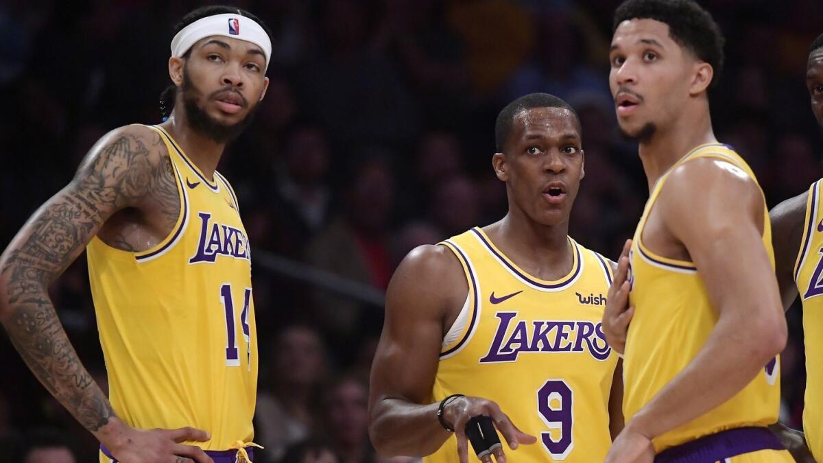 Rajon Rondo (9) returned to the Lakers lineup Thursday, but Josh Hart, right missed practice on Saturday because of knee irritation.