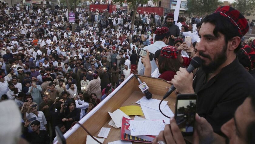 Manzoor Pashteen, a leader of the Pashtun Protection Movement, addresses a rally in Lahore, Pakistan, on April 22, 2018.