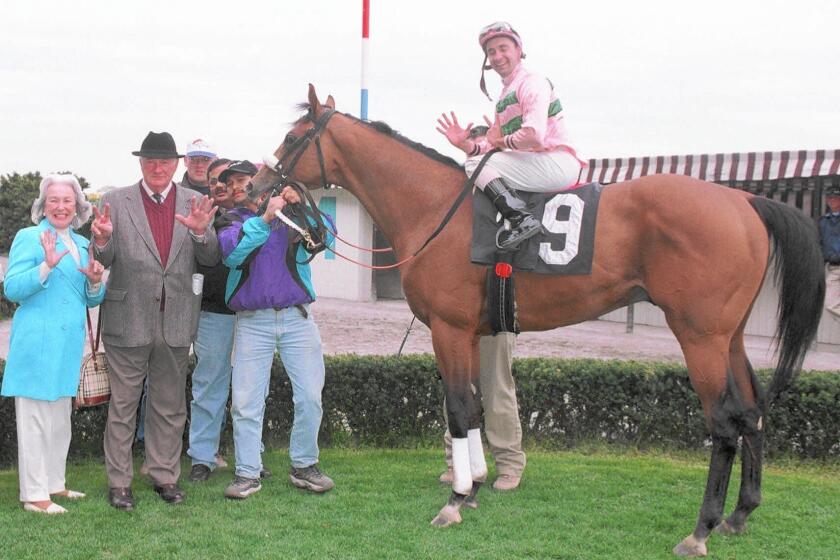 Hall of Fame racehorse trainer Allen Jerkens, second from left, exults after Notoriety (9), ridden by Joe Bravo, captures a win at Aqueduct Racetrack on his 70th birthday: April 21, 1999.
