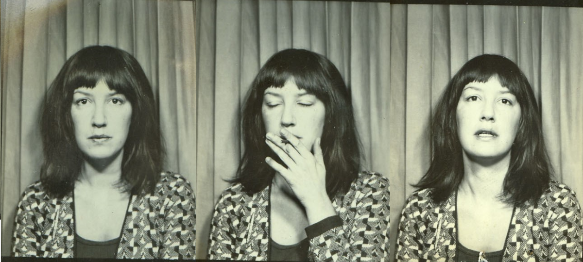 Three images of Eve Babitz with a curtain behind her. She smokes in one image.