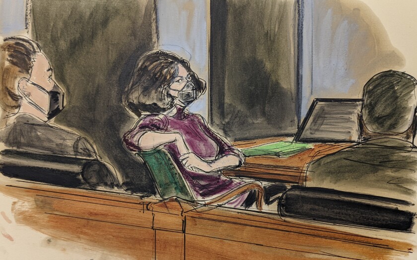 In this courtroom sketch, Ghislaine Maxwell, center, sits in the courtroom during a discussion about a note from the jury, during her sex trafficking trial, Wednesday, Dec. 29, 2021, in New York. (AP Photo/Elizabeth Williams)