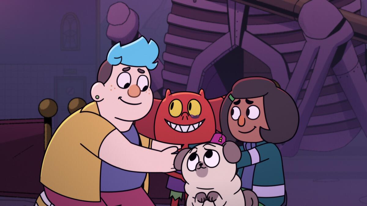 Four cartoon figures — a teen boy, a demon, a girl and a pug — in a group hug