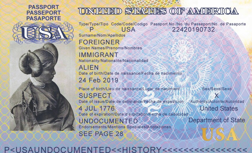 Detail from artist Pilar Castillo's "Passport," which mimics the official government document but with a pointed political message about the U.S. government's approach to migration.