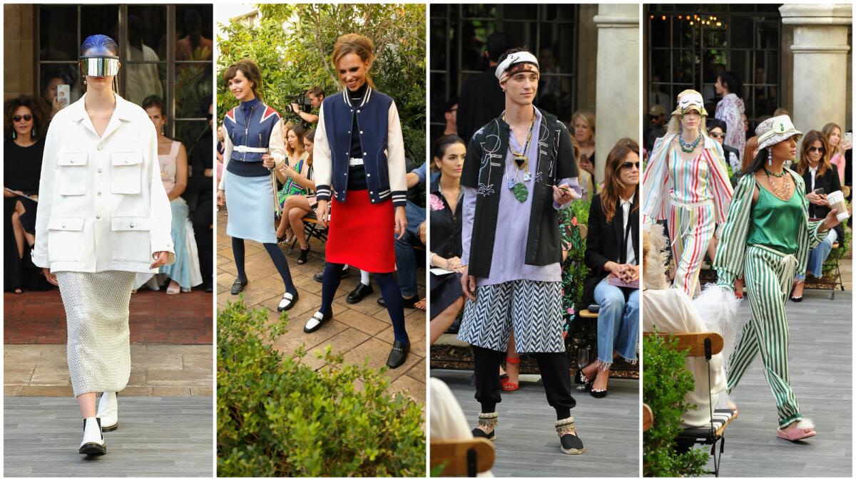 From left, looks by Adam Selman, Newbark, Rochambeau and Morgan Lane presented at the CFDA/Vogue Fashion Fund event at the Chateau Marmont.