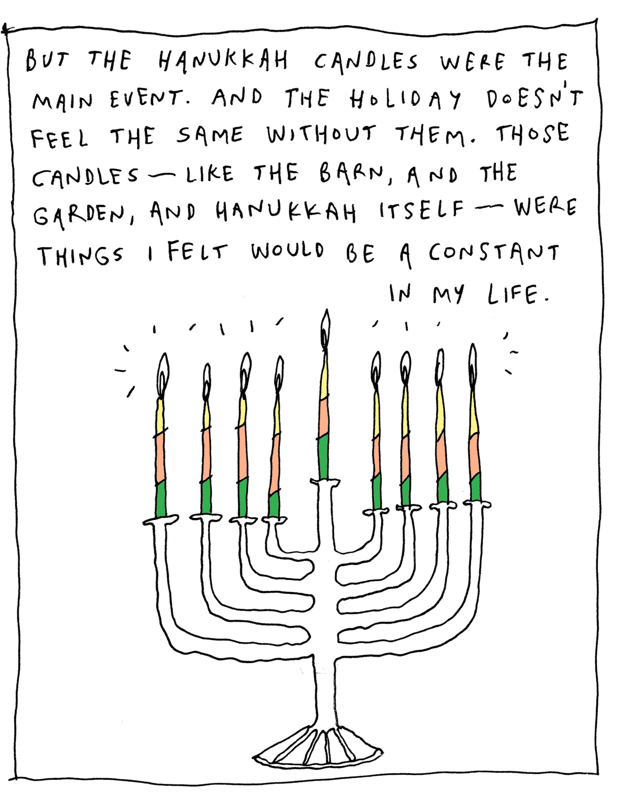comic illustration of a menorah with 9 multicolored candles, all of them lit.