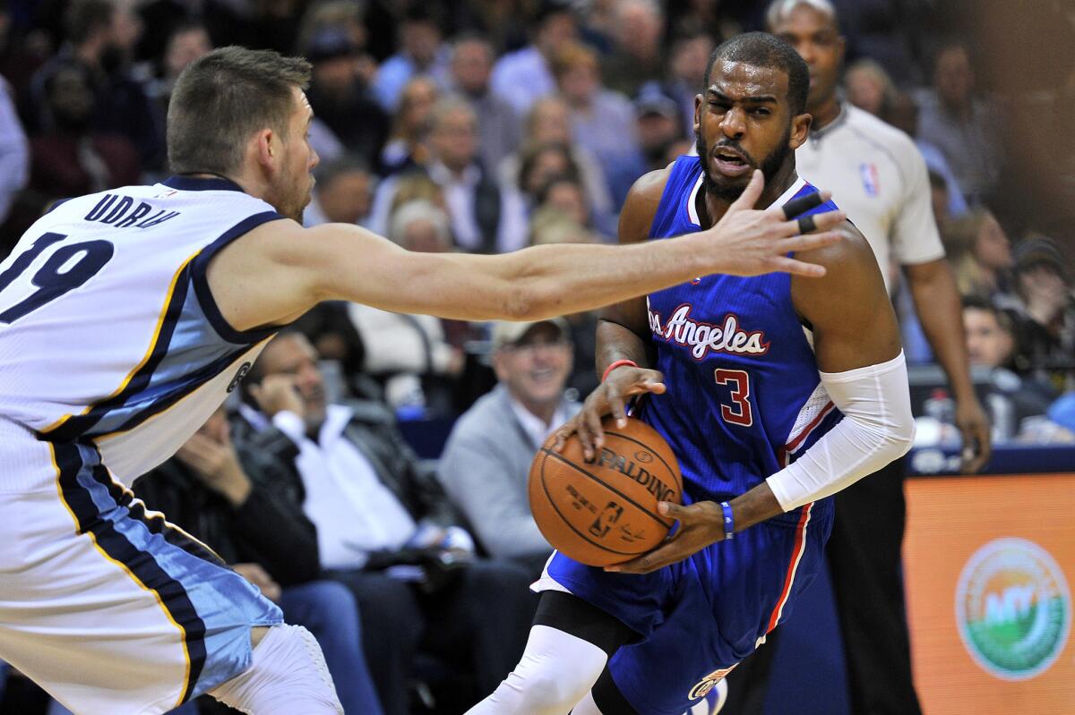 Clippers point guard Chris Paul looks to make a pass against Grizzlies point guard Beno Udrih in the first half Friday night in Memphis.