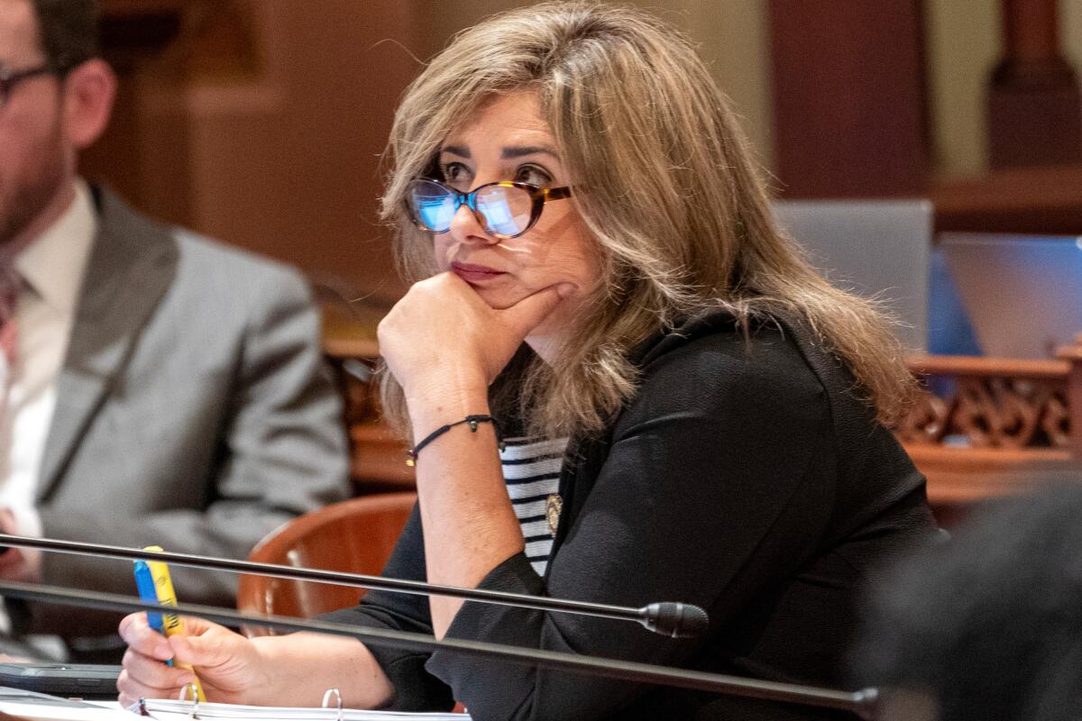 State Sen. Marie Alvarado-Gil is seated in the California Senate chambers, watching legislative proceedings.