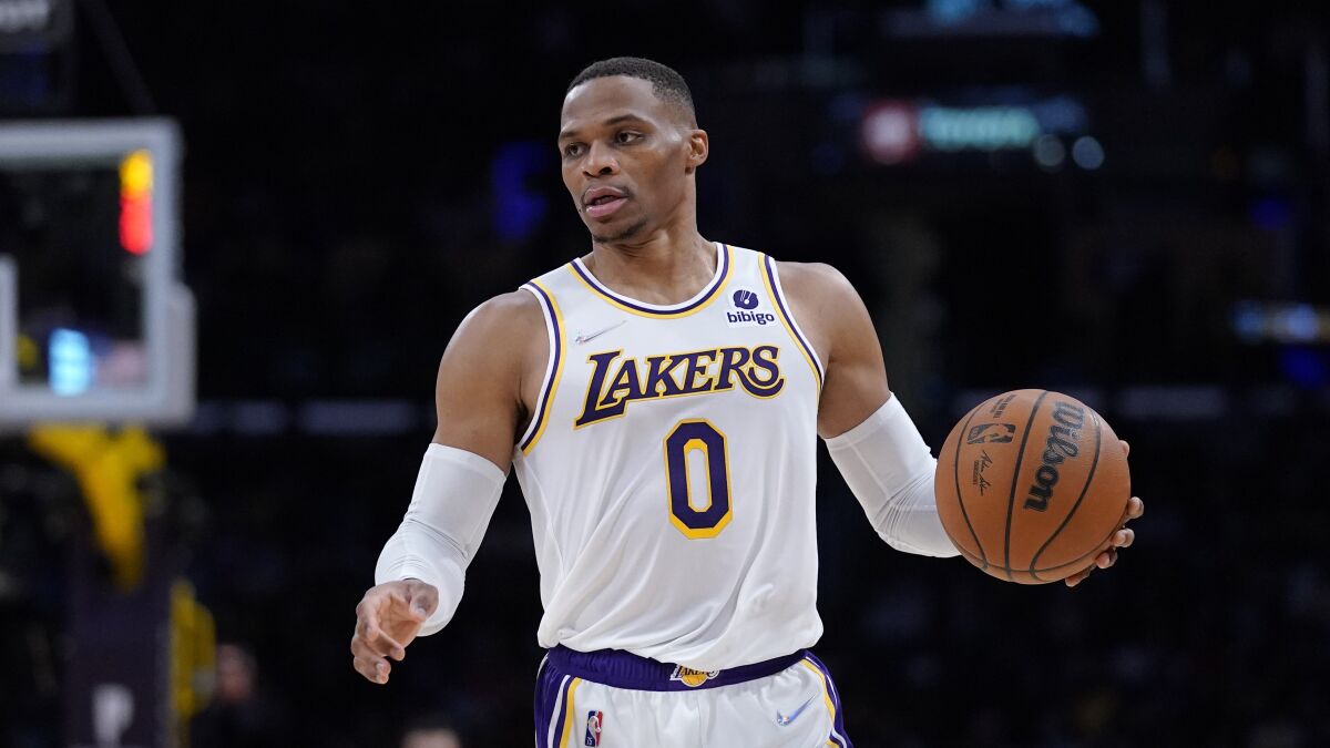 Lakers guard Russell Westbrook controls the ball during a win over the Houston Rockets on Sunday.