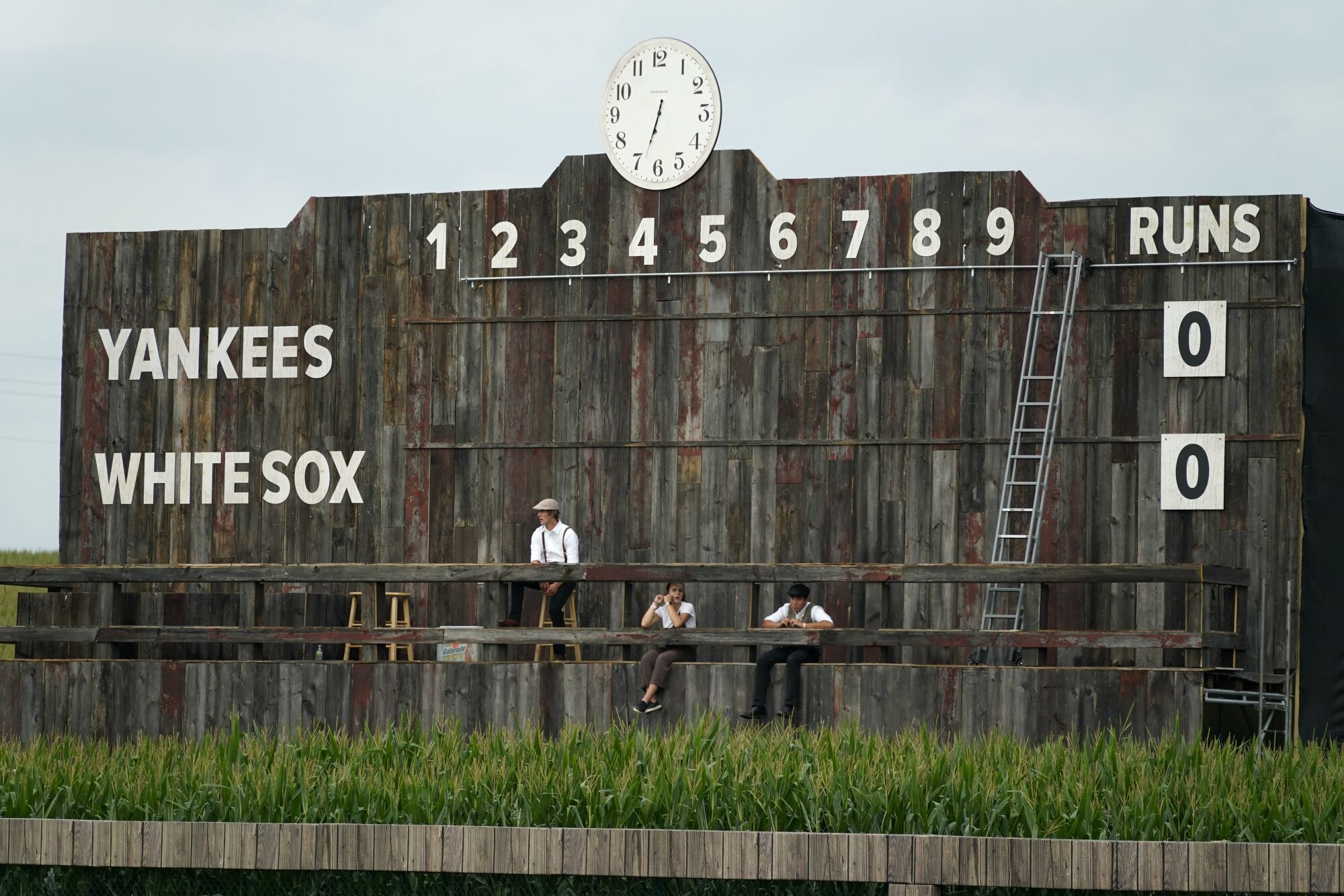 The old-timey scoreboard is shown in the outfield.
