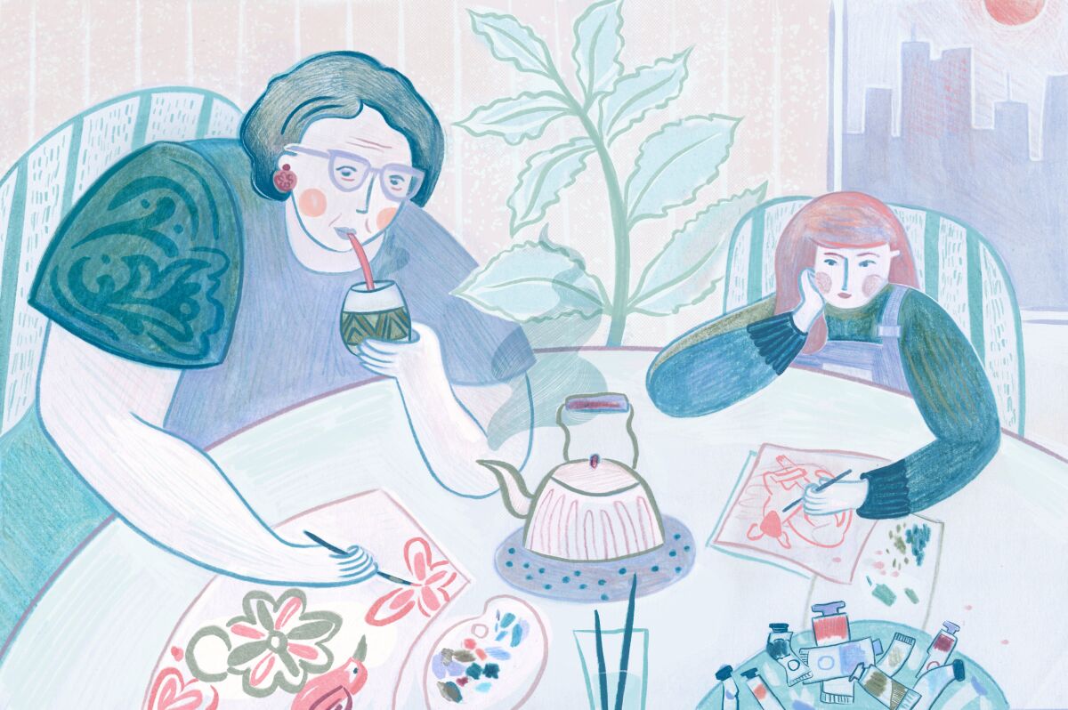 An illustration of a woman and girl at a table painting and drinking tea