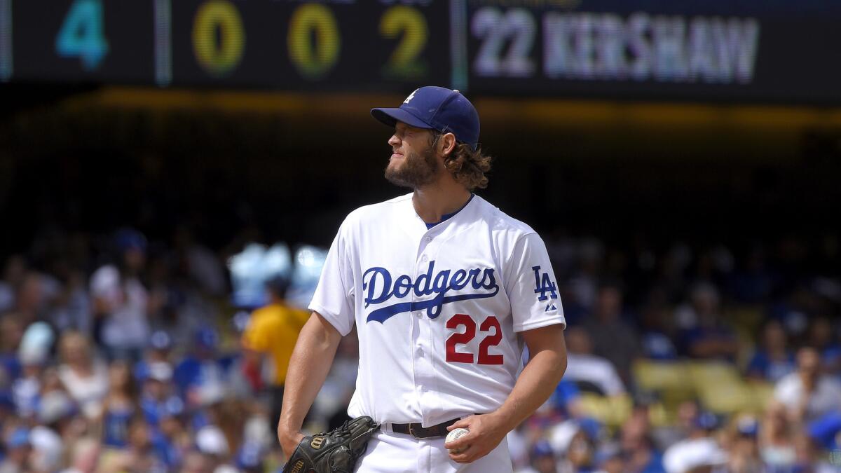 Dodgers starter Clayton Kershaw completed the regular season Sunday with 3 2/3 innings of scoreless ball against the Padres, giving up two hits while striking out seven.