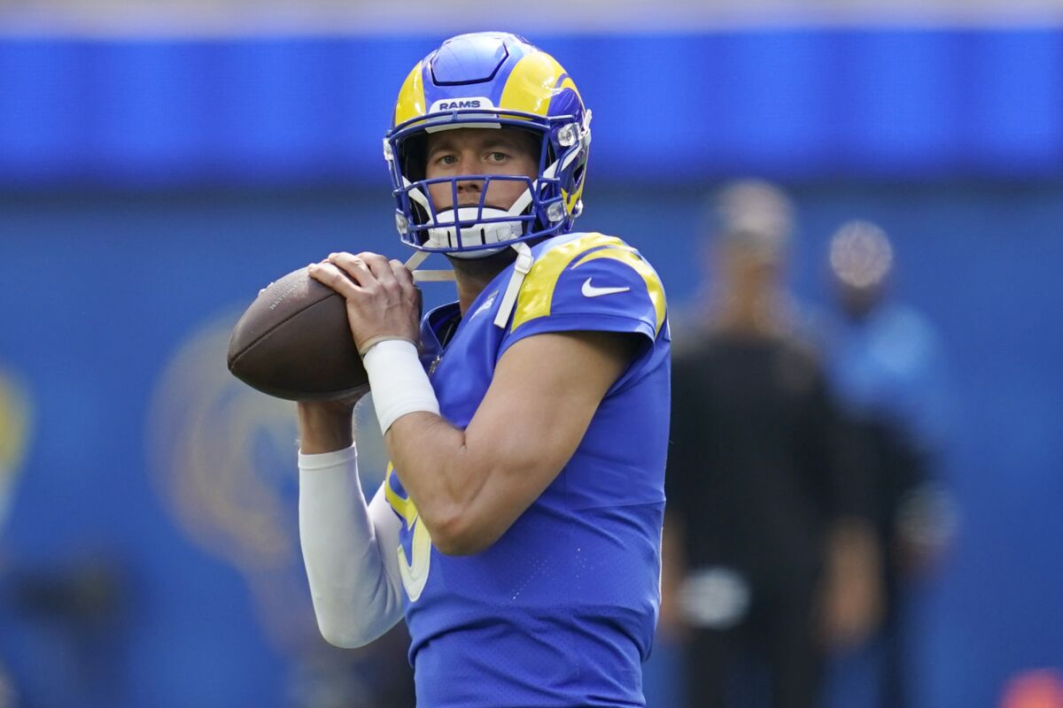 Rams quarterback Matthew Stafford warms up before a game against the Arizona Cardinals on Oct. 3.
