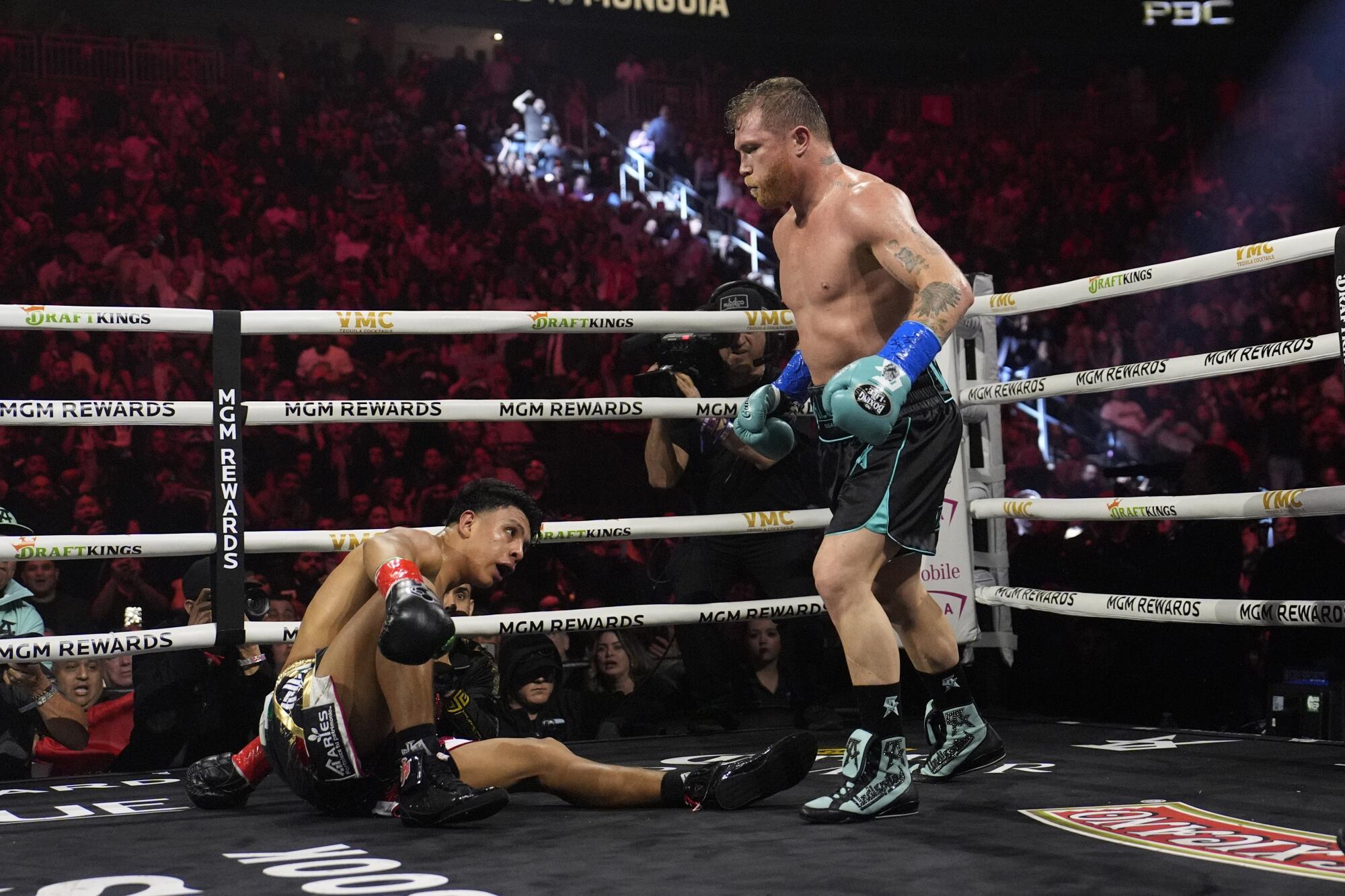 Canelo Alvarez knocks down Jaime Munguia in a super middleweight title fight Saturday.