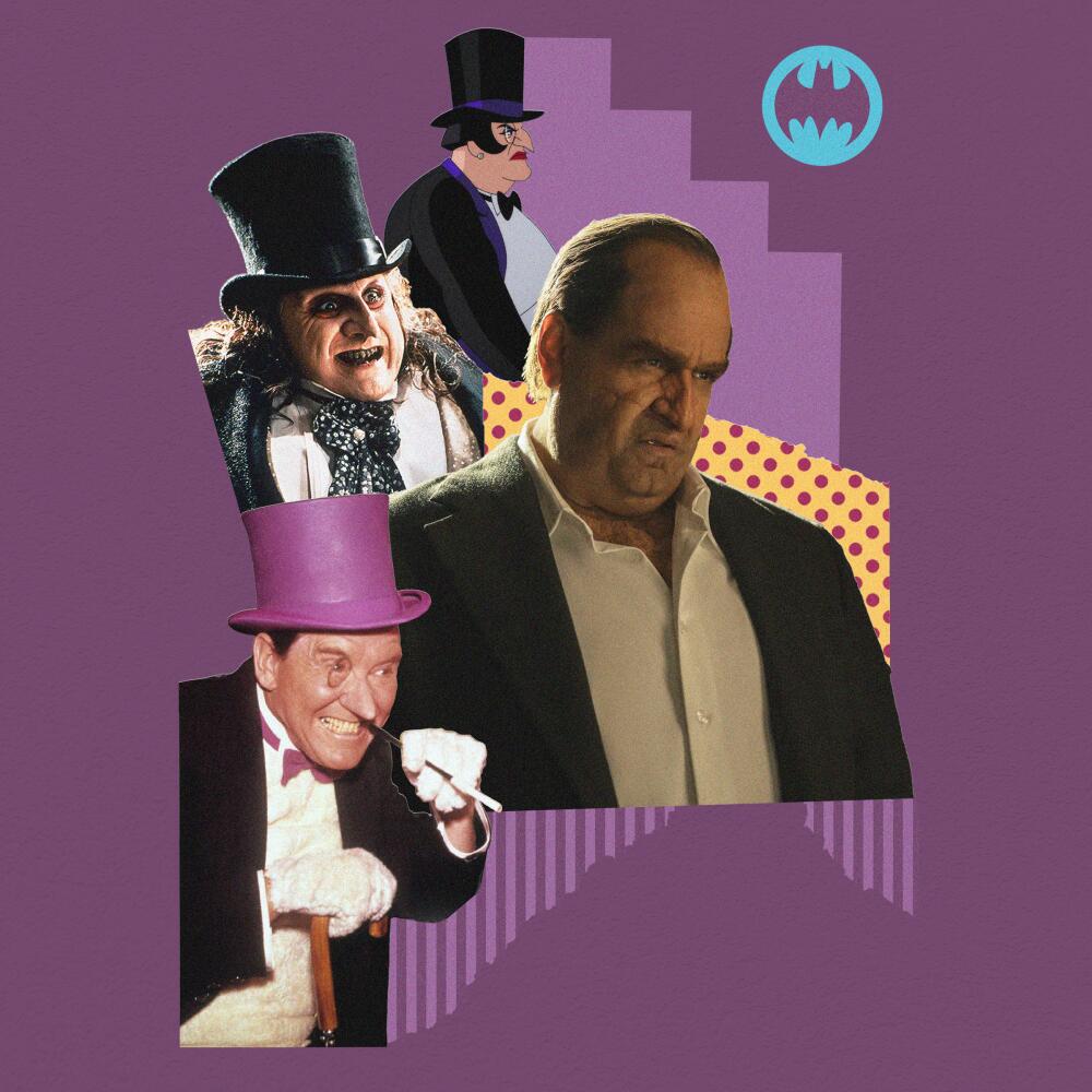 Cutouts of the Penguin and a blue bat signal in the top right against a purple background.