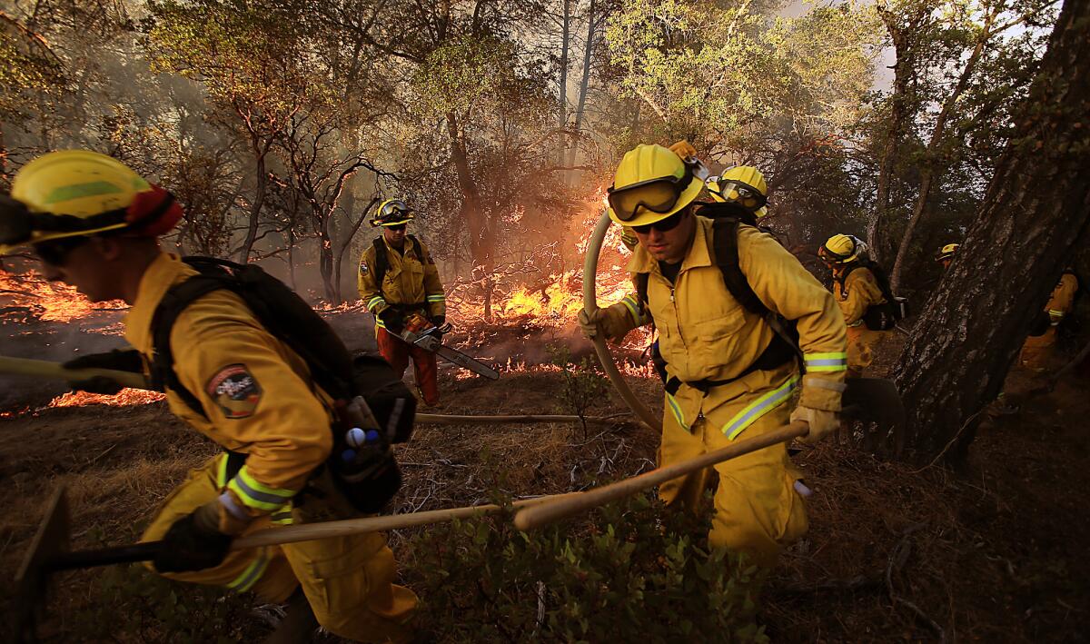 A Cal Fire crew retreats from a wooded area after a flare-up of the Rocky fire near Lower Lake on July 29.