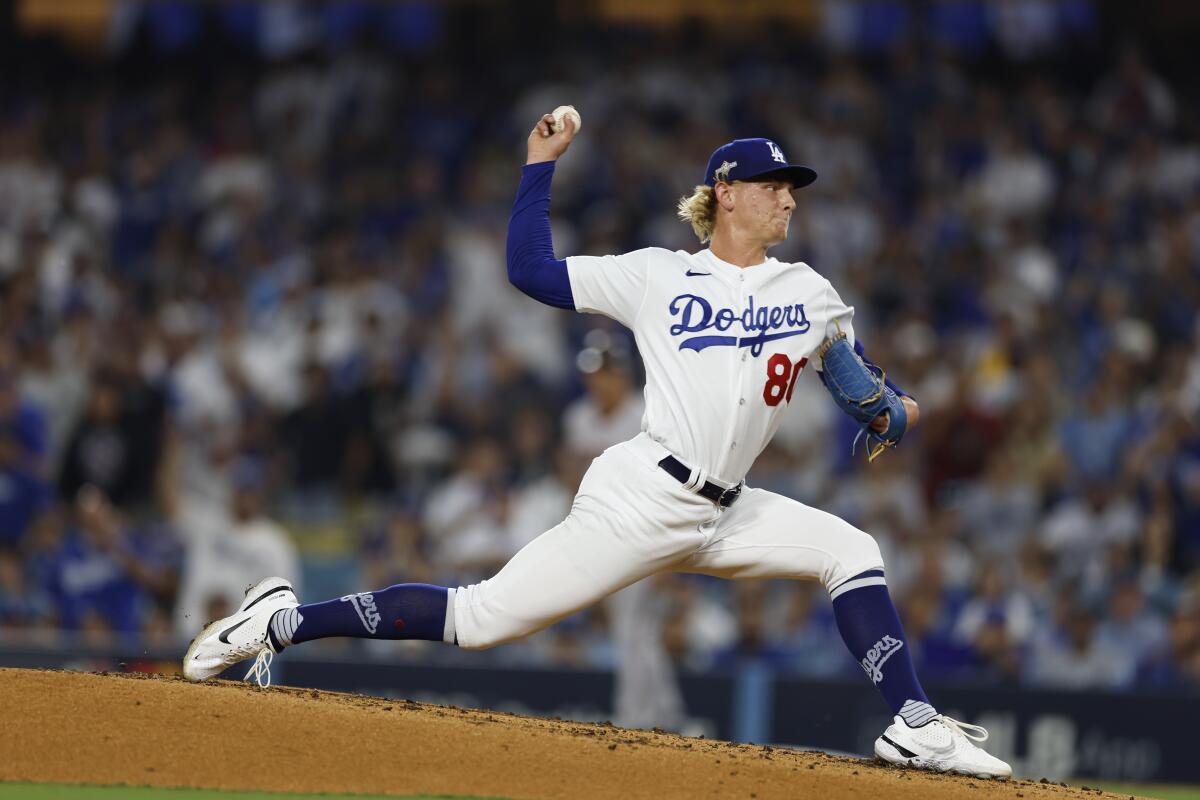 Dodgers reliever Emmet Sheehan delivers during the first inning in Game 1 of the NLDS against the Diamondbacks.