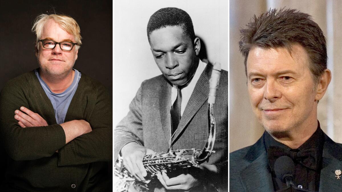 Philip Seymour Hoffman, left, John Coltrane, David Bowie