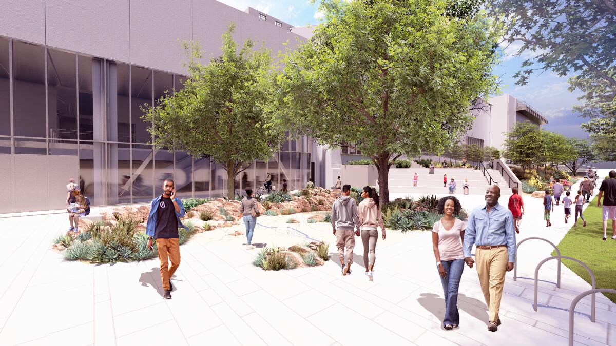 A digital rendering shows people walking through a landscaped plaza outside a building with glass walls.