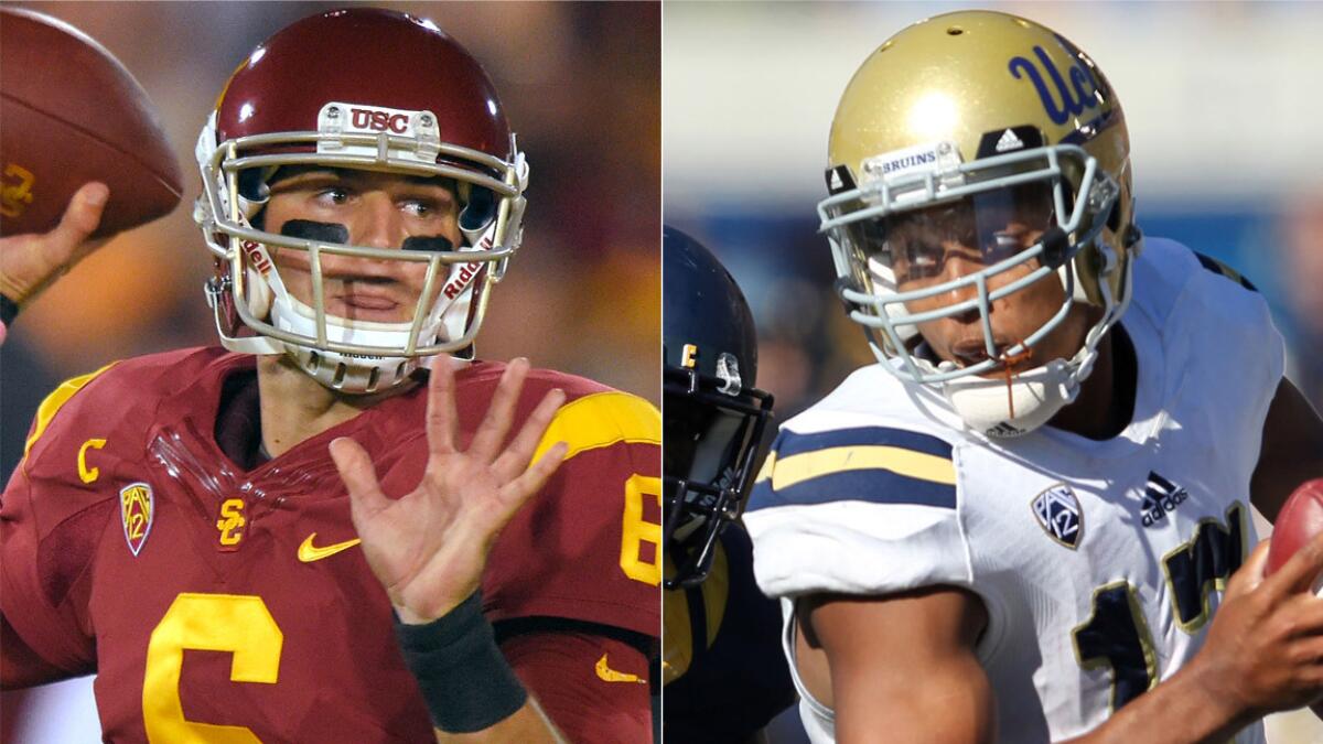USC quarterback Cody Kessler, left, and UCLA quarterback Brett Hundley will try to guide their teams to a victory in the annual rivalry game on Saturday.