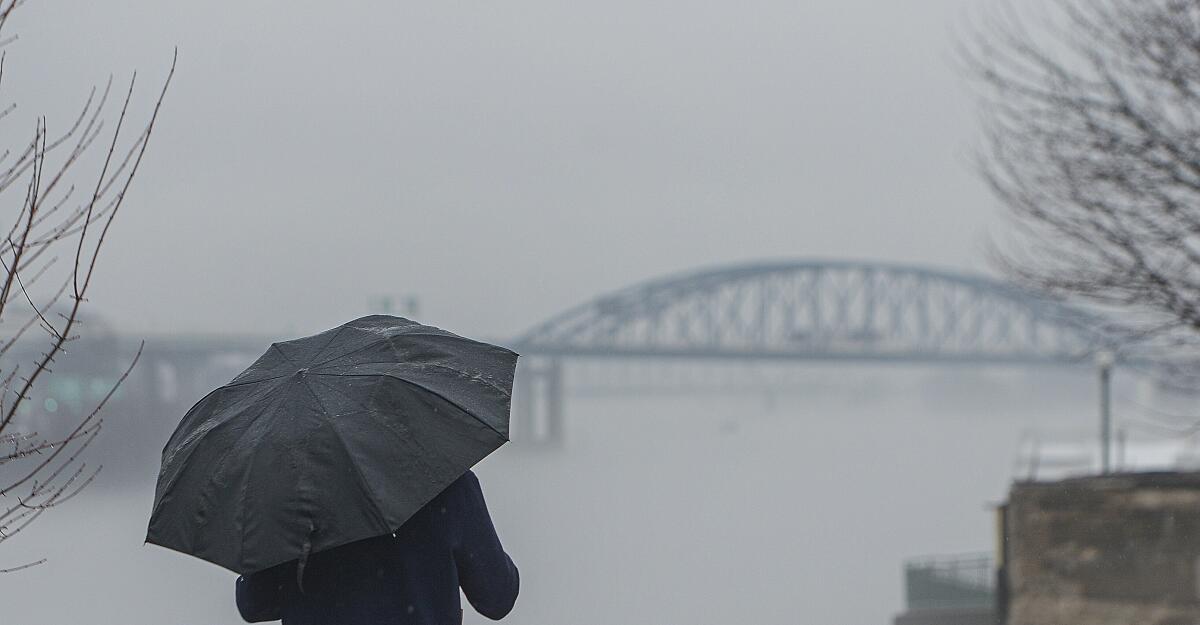 A man walks near the Kanawha River in Charleston, W.Va., on a foggy day