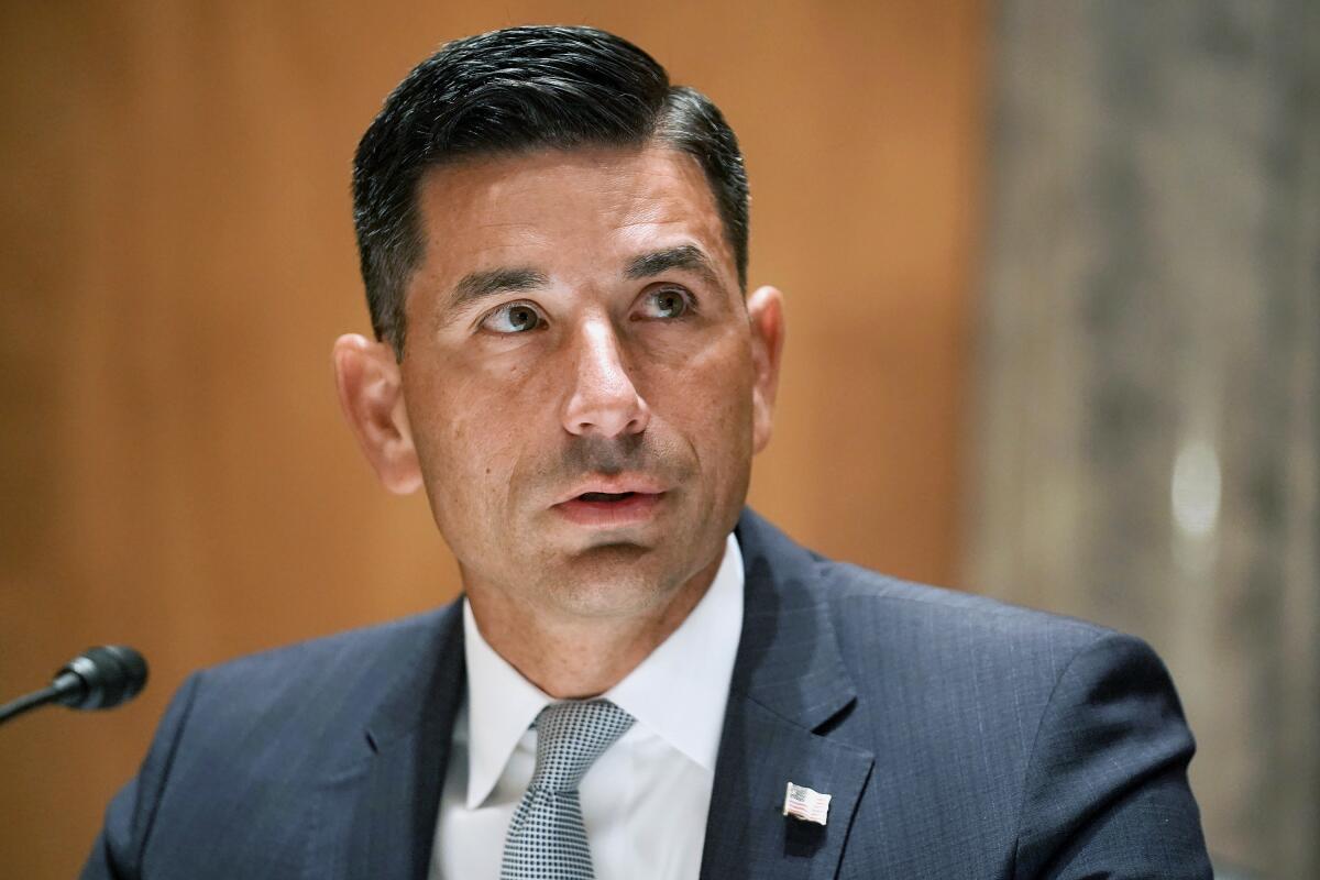 Chad Wolf, acting secretary of the Department of Homeland Security, in front of a microphone