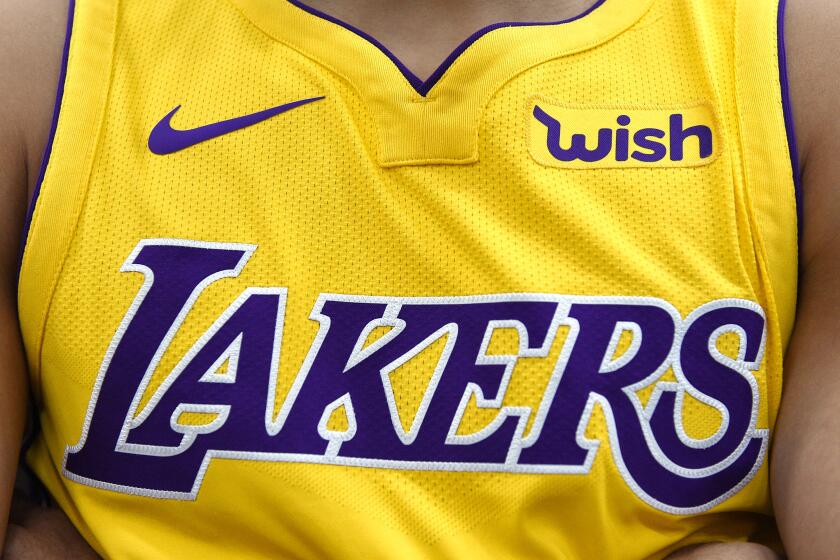 EL SEGUNDO, CA - SEPTEMBER 25: The new Los Angeles Lakers Nike jersey with the sponsor logo "Wish" on the left chest is seen during media day September 25, 2017, in El Segundo, California. NOTE TO USER: User expressly acknowledges and agrees that, by downloading and/or using this photograph, user is consenting to the terms and conditions of the Getty Images License Agreement. (Photo by Kevork Djansezian/Getty Images)