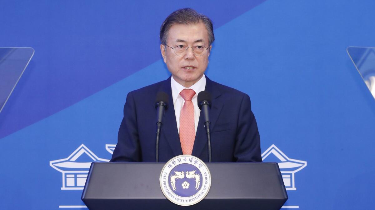 South Korean President Moon Jae-in speaks at the presidential office in Seoul on July 27.