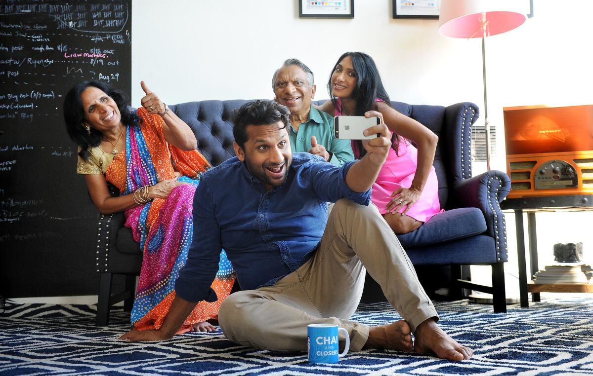 "Meet the Patels" follows actor Ravi Patel, center, with his mother Champa, left, father Vasant and sister Geeta as he searches for love the old-fashioned way.