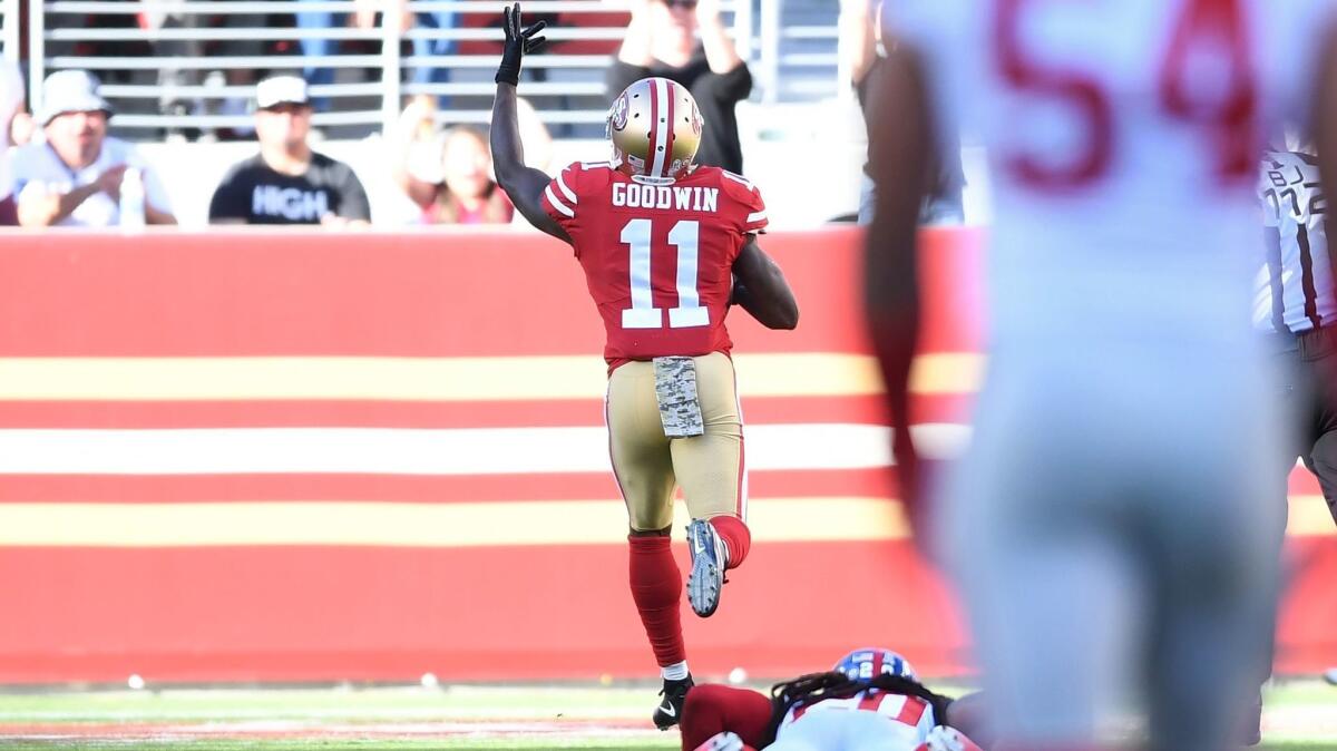 San Francisco receiver Marquise Goodwin scores on an 83-yard reception against the New York Giants on Nov. 12.