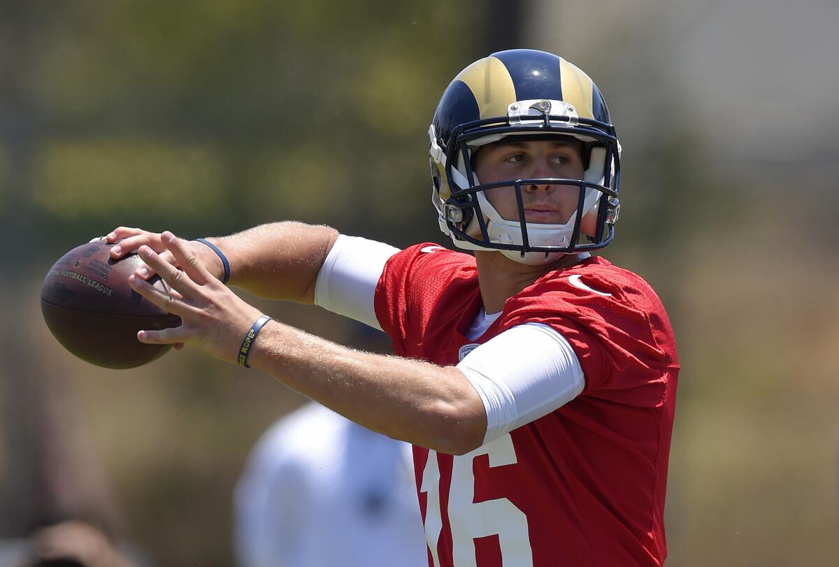 Rams quarterback Jared Goff passes during a summer practiceon June 3.
