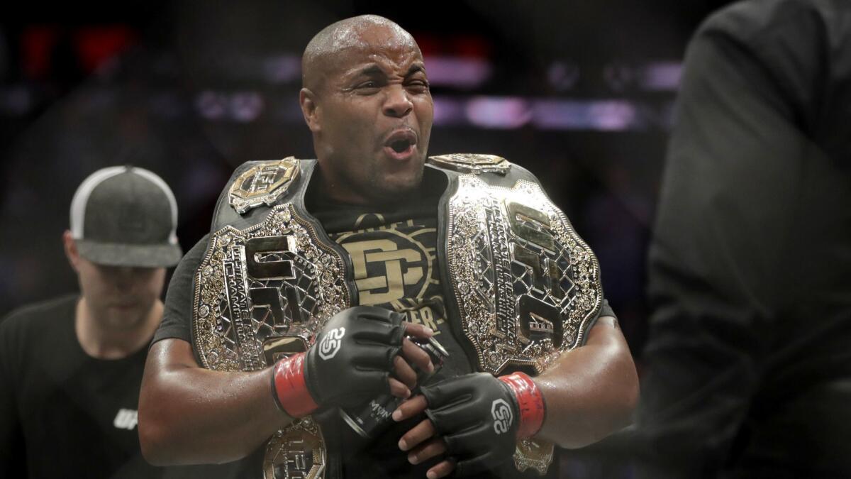 Daniel Cormier reacts after defeating Derrick Lewis by submission.