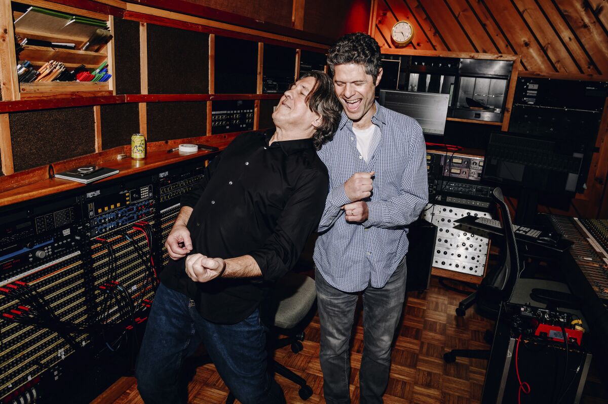 Cameron Crowe, left, and Tom Kitt appear during the cast recording of the musical "Almost Famous" at Power Station studio in New York on Nov. 14, 2022. (Photo by Nina Westervelt via AP)