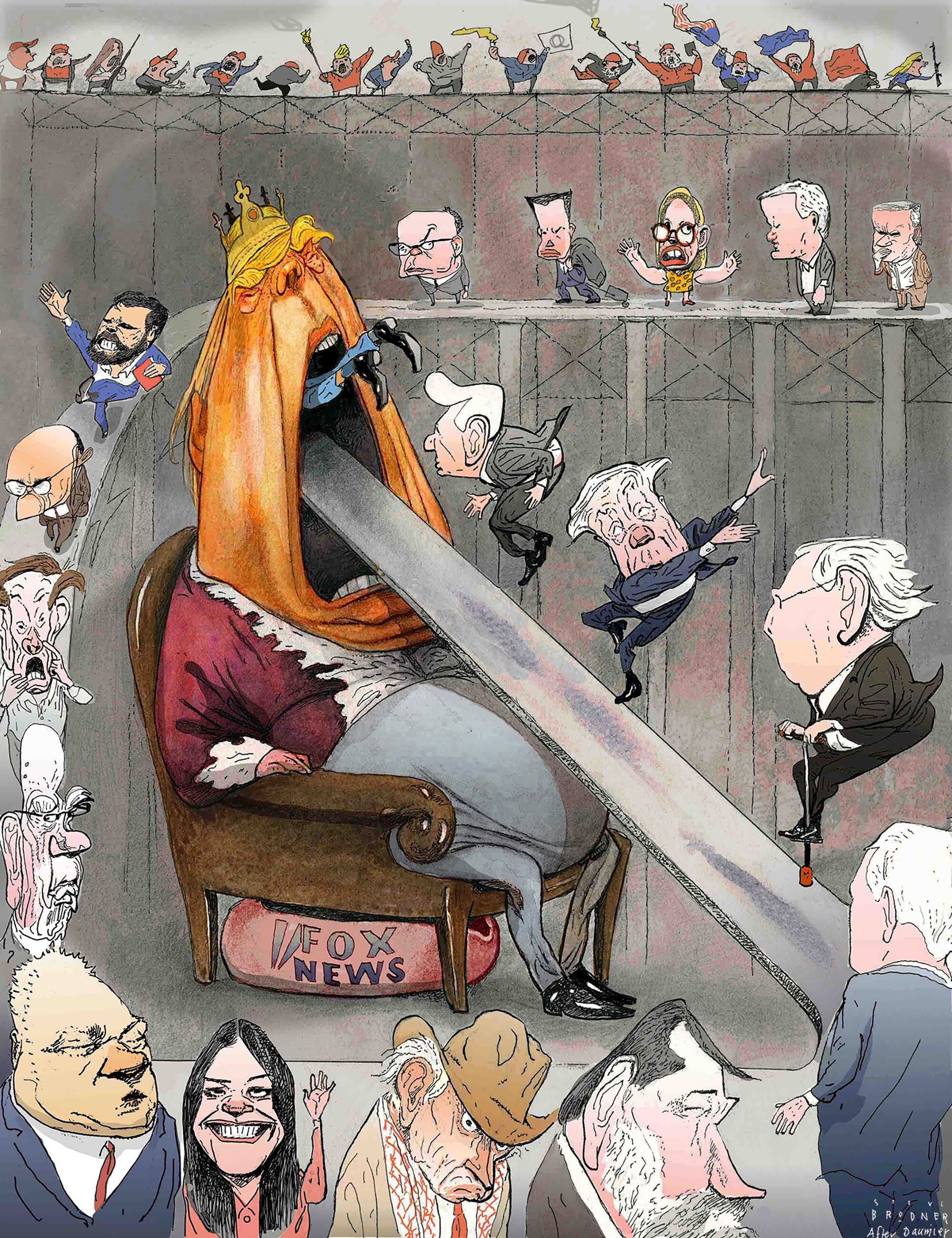Political caricature illustration of President Trump with mouth open as Republicans walk up the ramp into his mouth.