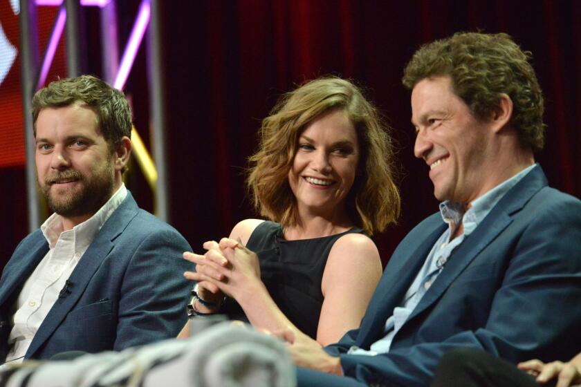 From left, Joshua Jackson, Ruth Wilson and Dominic West discuss "The Affair" on Friday at the Television Critics Assn. press tour at the Beverly Hilton Hotel.