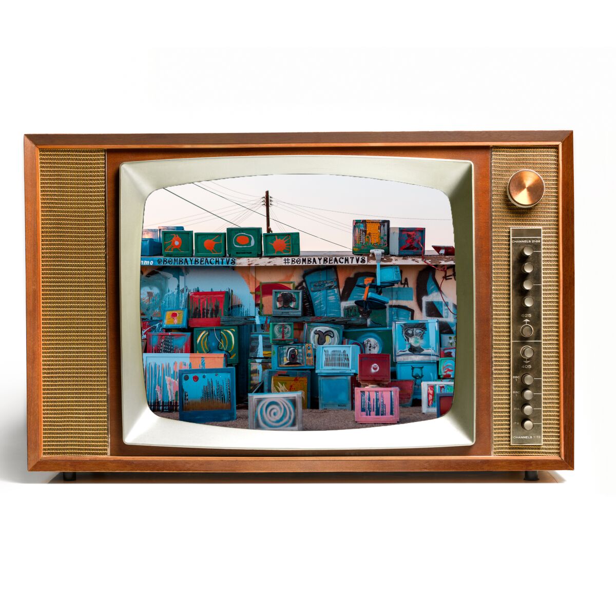 Picture of TV sets painted with scenes and stacked like an art project
