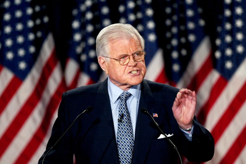 Sen. Edward M. Kennedy, D-Mass, delivers a speech at George Washington University in Washington in 2004.